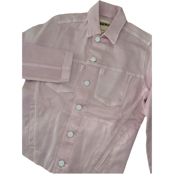 L'AGENCE Janelle Denim Jacket XS Pink Lilac Coated Slim Raw Hem Boho Chic NEW - Picture 5 of 14